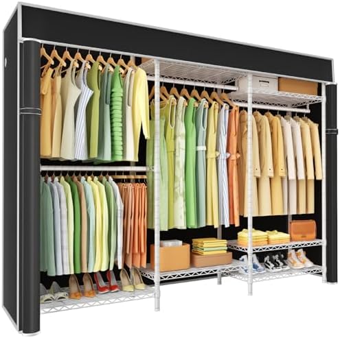 Ulif E13C Heavy Duty Closet Organizer System，Freestanding Clothing Racks for Hanging Clothes，Adjustable Garment Rack 63" W x 16" D x 77" H Hold 960 lbs，White Clothing Rack with Black Dustproof Cover by Ulif
