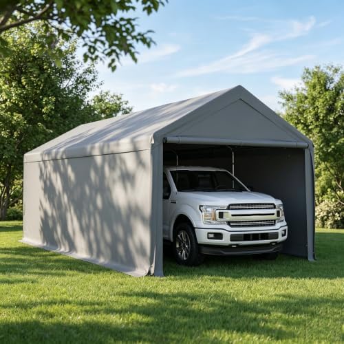 Carport 10x20 Ft Heavy Duty Canopy Steel Canopy Storage Shed,Portable Party Tent,Portable Garage with Removable Sidewalls & Doors All-Season Tarp for Carport Grey by GREZONE