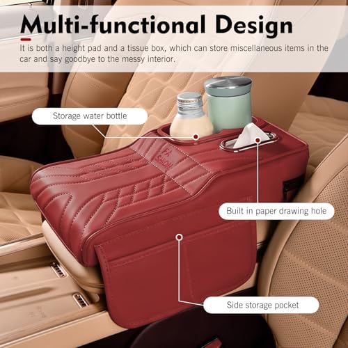 Car Center Console Cover, Waterproof Leather Multifunctional Armrest Booster Pillow with 2 Storage Bags Cup Holder, Tissue Box Slot, Universal for Most Cars with a Pack of Tissues (Red) - Image 4