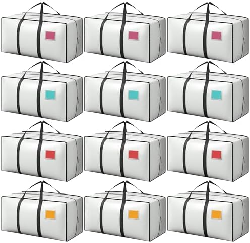 12 Pack Moving Bags with Full-Open Side Zipper, Extra Large 93L Heavy Duty Waterproof Foldable Storage Totes for College Dorm, Moving & Home Organization,White by RMOHRO