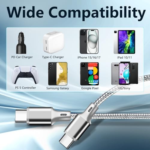 60W USB C to USB C Cable, 3 Pack 10ft Type C Fast Charger Cord (Gray) - Image 6