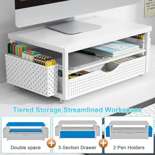 gianotter Desk Organizers and Accessories, Monitor Stand with Drawer and 2 Pen Holder, Desktop Organizer Suitable for Offices and Dormitories (Matte White) - Image 4