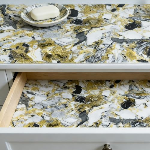 Drawer and Shelf Liner - Yellow Black Marble Pattern Non Adhesive - Image 7
