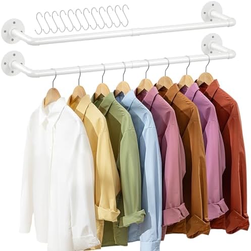 ERYTLLY Industrial Pipe Wall Mounted Clothes Rack,38 Inches Heavy Duty Detachable Garment Rack,Multi-purpose Hanging Rod for Closet,Set of 2,White by ERYTLLY