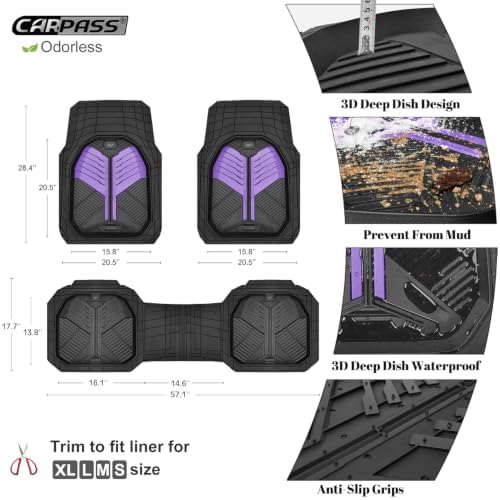 CAR PASS Heavy Duty Rubber Car Mats, Deep-Dish Car Floor Mats All Weather, Universal Two-Tone Trim-to-Fit for SUVs Trucks Sedans, Waterproof Anti-Slip, 3 Pieces V12 Black and Metallic Purple - Image 6