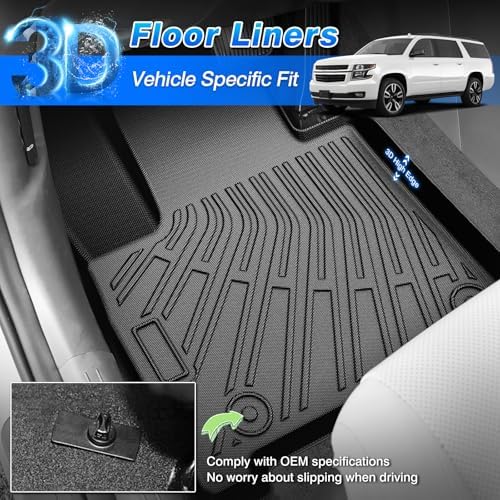 Floor Mats for 2015-2020 Chevy/Chevrolet Suburban & GMC Yukon XL 8 Seats, All Weather Cargo Liner for Suburban Accessories, Heavy Duty TPE Cargo Mats, Car Accessories - Image 2