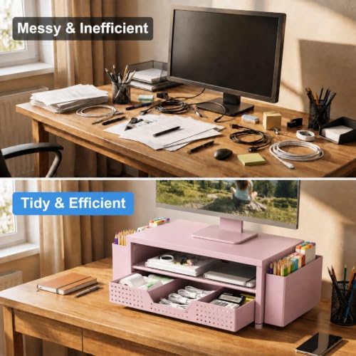 ECOLOVI Desk Organizer and Accessories, 2-Tier Computer Monitor Stand Rise with Storage Drawer & 2 Pen Holders, Laptop & Printer Stand for Desktop, Workspace Organizers for Office Supplies (Pink) - Image 6