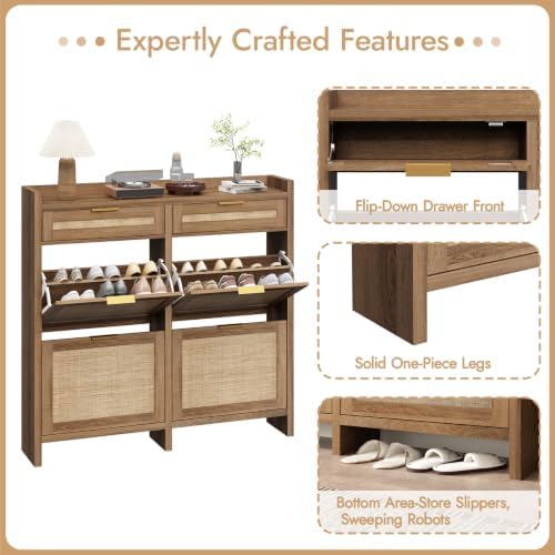 HOKYHOKY Large Rattan Shoe Storage Cabinet with 4 Flip Drawers & 2 Storages - Image 6