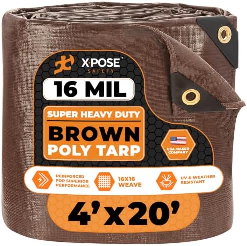 4' x 20' Super Heavy Duty 16 Mil Brown Poly Tarp Cover - Thick Waterproof, UV Resistant, Rip and Tear Proof Tarpaulin with Grommets and Reinforced Edges - by Xpose Safety by XposeSafety