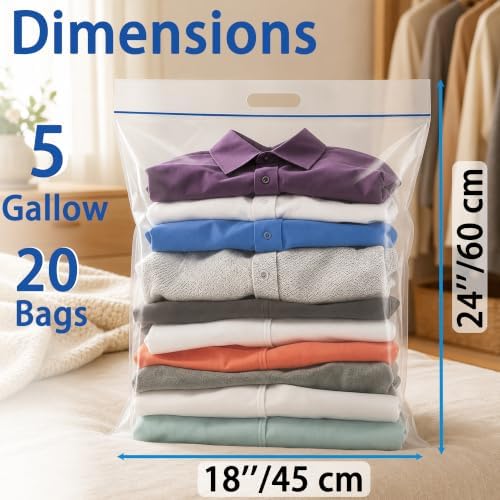 5 Gallon Extra Large Zipper Bag, 18” x 24” Clear Plastic Zip Bag with Handle for Storage, Moving Travel, 2mil Thick Resealable Lock, 20 pack - Image 2