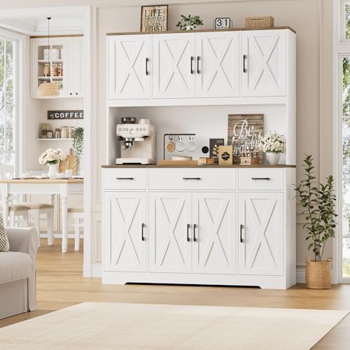 HOSTACK 71" Tall Kitchen Pantry Storage Cabinet, 55" W Kitchen Hutch, White - Image 2
