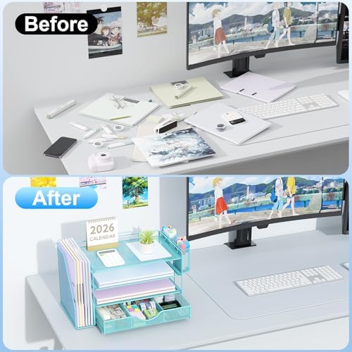 gianotter Desk Organizers and Accessories with File Holder, 4-Tier Desk Accessories & Workspace Organizers with Drawer and 2 Pen Holder, Paper Organizer for Office Supplies (Blue) - Image 2