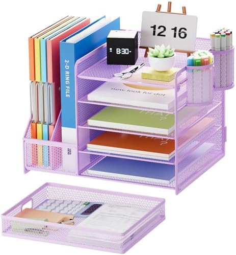 Marbrasse Desk Organizer with File Holder, 5-Tier Paper Letter Tray Organizer with Drawer and 2 Pen Holder, Mesh Desktop Organizer and Storage with Magazine Holder for Office Supplies(Purple) - Image 2
