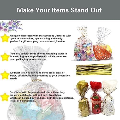 COQOFA 200 Pcs Star Printed 6"X10" Gift Wrap Cello Cellophane Treat Bags Party Favor bags Clear Candy Cookie Bags Plastic Poly Goodie Storage Bags with Twist Ties for Bakery,Birthday, Wedding ,Party Decorations (Gold) - Image 4