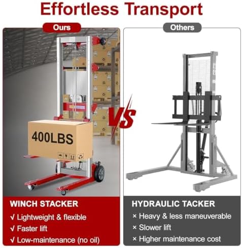 Material Lift Winch Stacker, 400 lbs Capacity, 122" Max Raised Height, Fixed Straddle Hand Winch Lift Trucks for Warehouse, Factory, Library, 34.60"L x 24.80"W,Red - Image 7