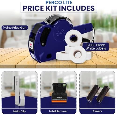 Perco Price Gun 1-Line Kit with 5 White Label Rolls, Clip & Ink Rollers - Image 2