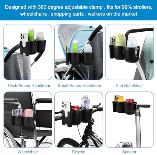 Accmor Stroller Cup Holder with Phone Holder, Bike Cup Holder, Walker Scooter Wheelchair Cup Holder Attachment, Universal Cup Holder for Uppababy Graco Strollers - Image 6