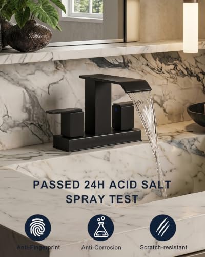 Matte Black Bathroom Faucets, 4 Inch Centerset 3 Hole Waterfall Sink Faucet with Pop-up Drain & Hose, Modern Anti-Splash Vanity Fixture for DIY Bathroom Upgrade - Image 4