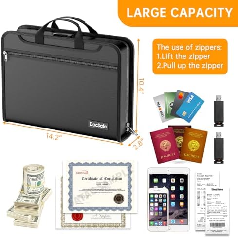 DocSafe Accordion File Organizer Bag with Lock, Fireproof Water Resistant Expanding File Folder with Multi Colorful Pockets,Document Organizer Safe Storage for Important Documents and More, Black - Image 3