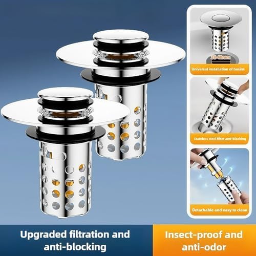 Universal Pop-Up Bathroom Sink Stopper, Stainless Steel Drain Strainer with Removable Filter Basket for 1.1"-2.36" Basin, Push-to-Bounce Core, Bathroom Sink Plug, Hair Catcher, 2 Pack - Image 2