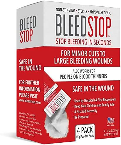 BleedStop™ First Aid Powder for Blood Clotting, Trauma Kit, Blood Thinner Patients, Camping Safety, and Survival Equipment for Moderate to Severe Bleeding Wounds or Nosebleeds - 4 (15g) Pouches by BleedStop
