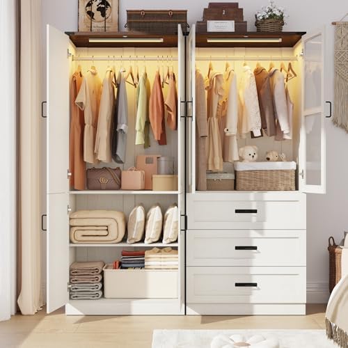 75" Tall Farmhouse 4 Doors Armoire Wardrobe Closet with 3 Drawers and LED,Freestanding Closet Wardrobe Cabinet for Bedroom with Hanging Rod,Wooden Armoire Storage Cabinet Adjustable(Rustic Off White) by Hlivelood