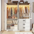 75" Tall Farmhouse 4 Doors Armoire Wardrobe Closet with 3 Drawers and LED,Freestanding Closet Wardrobe Cabinet for Bedroom with Hanging Rod,Wooden Armoire Storage Cabinet Adjustable(Rustic Off White) by Hlivelood