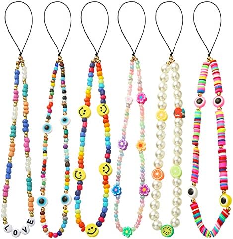 6PCS Beaded Phone Charms Strap Fruit Star Faux Pearl Rainbow Beads Phone Chains Beaded Lanyard for Camera Key Wallet Valentines Day Gifts for Her Women by Taouzi