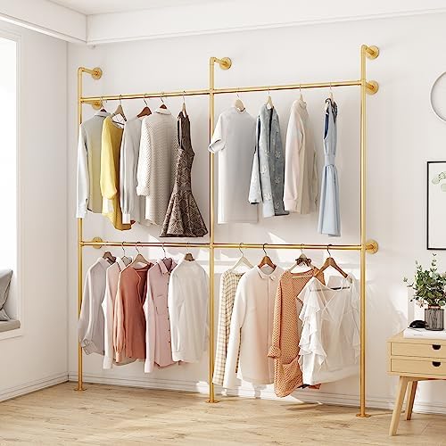 ORSENIGO Industrial Pipe Clothing Rack, Heavy Duty Metal Clothes Rack with Double Rods for Hanging Clothes, Wall Mount Space-Saving Garment Display Rack - Image 3