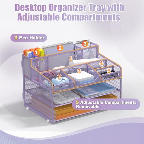 Docnest 3 Tier Mesh Desk Organizer with Letter Tray & Paper Sorter, Purple - Image 4