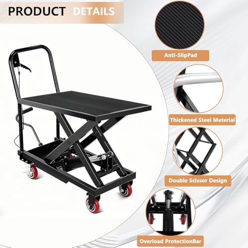 GarveeTech Hydraulic Lift Table Cart, 330 LBS Load Capacity 28.5 in Lifting Height, Manual Single Scissor Lift Table with Non-Slip Pad and 4 Wheels,Hydraulic Scissor Cart - Image 4