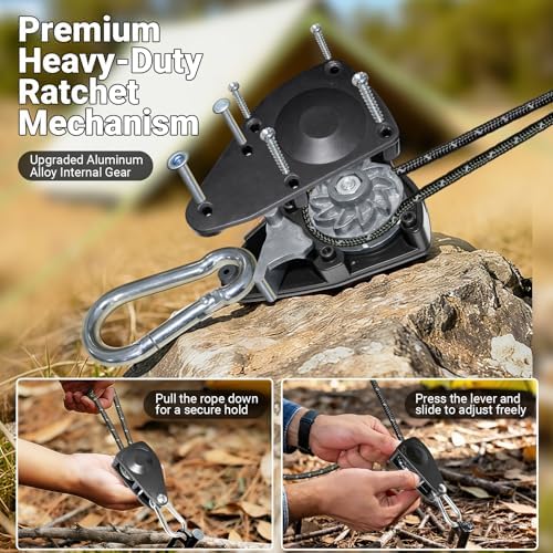 Camping Ropes Guy Line - Tarp Tie Down Ropes with Ratchet System, Pulley & Reinforced Metal Gear - Adjustable Heavy Duty Guy Lines for Canopy Tent, Quick Setup Outdoor Strap-4Pack - 6Pack - Image 4
