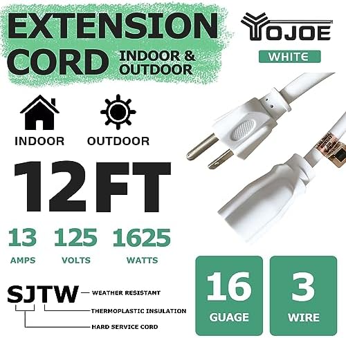 YOJOE Indoor Outdoor Extension Cord, 3 Prong 13A Weatherproof Power Cord, 16 Gauge Heavy Duty 12 ft White Extension Cord for Garage, Garden and Home, 16/3 SJTW UL Certified - Image 2