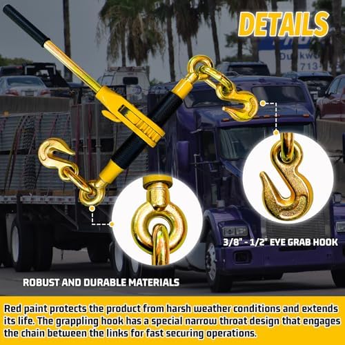 Ratchet Chain Binders 3/8" - 1/2" (2 Pack) | Adjustable Load Binder with 2 Grab Hooks for G70 Transport Chain | 9,200 Lbs Safe Working Load - Image 3