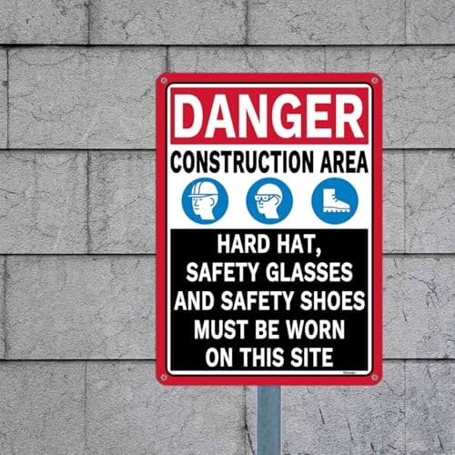 2 Pack Danger Construction Area Hard Hat Safety Glasses and Safety Shoes Must Be Worn On This Site Signs 14” x 10” Rust-Free Aluminum Easy to Install - Image 6