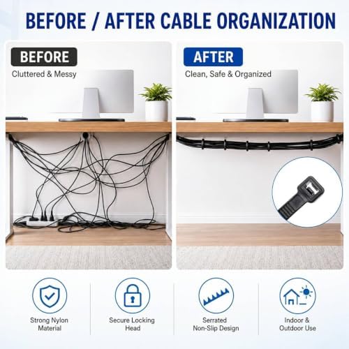 Zip Ties 8 inch, 100 Pack Heavy Duty Black Zip Ties with 100 lbs Tensile Strength, Self-Locking Nylon Cable Ties,Wire Ties for indoor and outdoor use. - Image 5