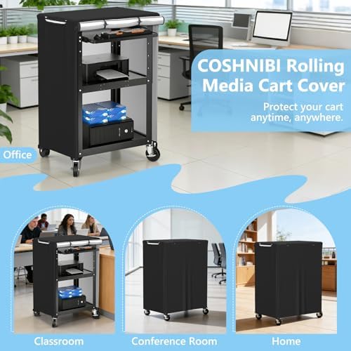 COSHNIBI AV Cart Cover, Heavy Duty Waterproof Rolling Media Cart Cover for Multi-Functional Media Carts/Metal Computer Presentation Stand with Wheels,29" L x 19" W x 40" H,Black - Image 7
