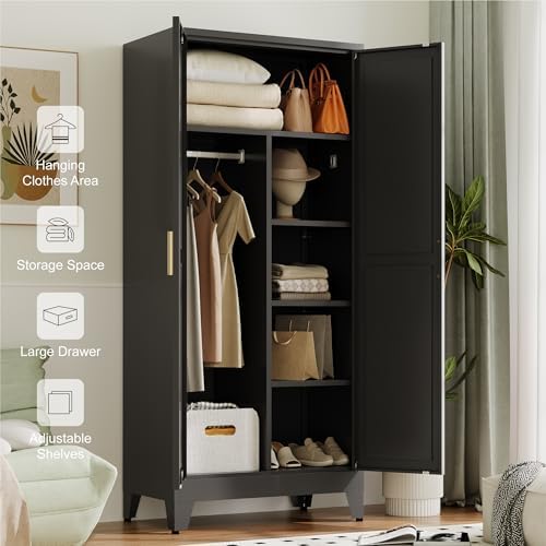 Baborokic Metal Wardrobe Cabinet with Hanging Rod,Large 71" Armoire Wardrobe Closet with Adjustable Shelves and Doors,Farmhouse Metal Office Cabinets for Bedroom,Office,Employee(Black) - Image 5