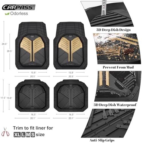 CAR PASS Heavy Duty Rubber Car Mats, Deep Dish Car Floor Mats All Weather, Car Mats Full Set 4-Piece Trim to Fit for Sedans SUVs Trucks, Waterproof Anti-Slip Automotive Mats, V12 Black Champagne Gold - Image 6
