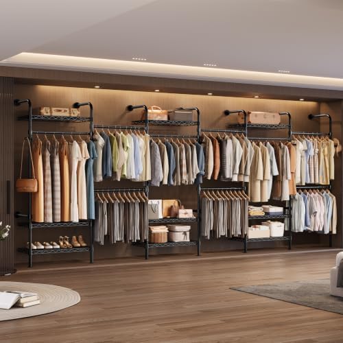 Wall Mounted Closet System, Heavy Duty 6-Row Clothes Rack, Expandable Industrial Pipe Closet Organizers and Storage with 6 Telescopic Rods, 3 Fixed Rods, 7 Hooks & 9 Shelves for Wardrobe, Bedroom by Unknown