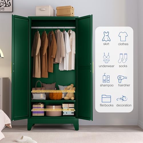 GAIOUS Metal Wardrobe Cabinet with Mirror and Hanging Rod, 71" Green - Image 5