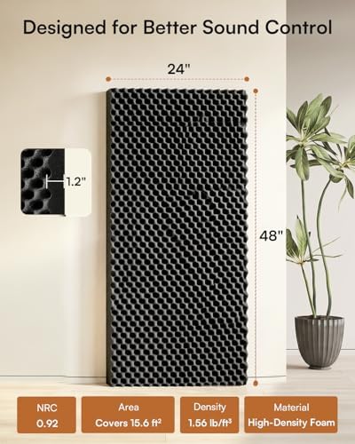 SODOCT 2 Pack Large Egg Crate Acoustic Foam Panels, 48 x 24 x 1.2 Inches High Density Sound Proof Foam for Walls, Professional Sound Absorbing Studio Panels for Home Theater, Recording (Black) - Image 2