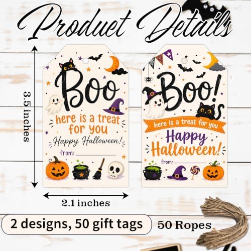 Halloween Boo Gift Tags with String, 50PCS Hanging Tags for Gift Wrapping, Halloween Thank You Labels for Friendsgiving, Party Favors, Bakery Packaging, DIY Crafts - A03 - Image 2