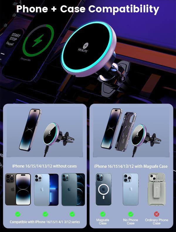 for Magsafe Car Mount Charger 15W LED RGB Car Phone Holder for Dash Vent - Image 3