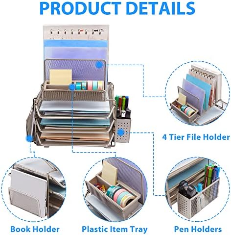 DESIGNA Stackable Mesh Desk Organizer with 3 Sliding Letter Trays 4 File Holders 2 Side Compartments & Pencil Holder Non-slip All In One Desktop Accessories Organizers Office Storage, Champagne - Image 3