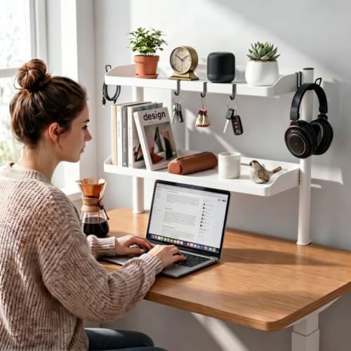 Clamp on Desk Shelf White, 24in 2-Tier Office Desk Shelves Organizer, Shelf for Top of Desk with Headphone Holder and Hooks, Desktop Storage Rack for Home Workspace, Study Rooms, Gaming Accessories - Image 4