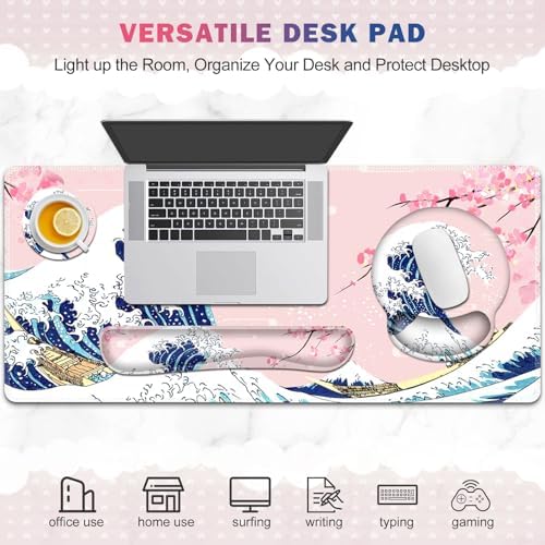 Gaming Mouse Pad, Large Desk Mat, Cute Desk Pad Protector, Pink Cherry Blossoms XXL Mousepad + Keyboard Wrist Rest+Mouse Wrist Rest+Coaster Set with Ergonomic Desk Pad, Japanese Wave of Kanagawa - Image 7