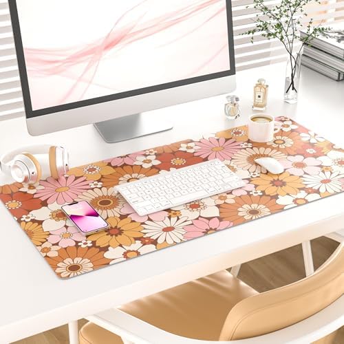 Faux Leather Large Mouse Pad, Office Desk Mat, 31.5"x15.7", Retro Flowers - Image 2
