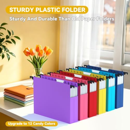 Extra Capacity Hanging File Folders Letter Size,12 Pack Plastic Heavy Duty Hang Folder for File Box Frame,2" Expandable File Cabinet Folders with Tabs,Colored Office Hanging File Organizer - Image 2