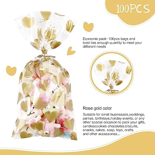 COQOFA 100Pcs 5X11IN Gold Heart Cello Cellophane Treat Bags for Party Favors, Candy, Cookies - Clear Plastic Poly Storage With Twist Ties for Baby Shower, Valentine, Birthday - Image 3